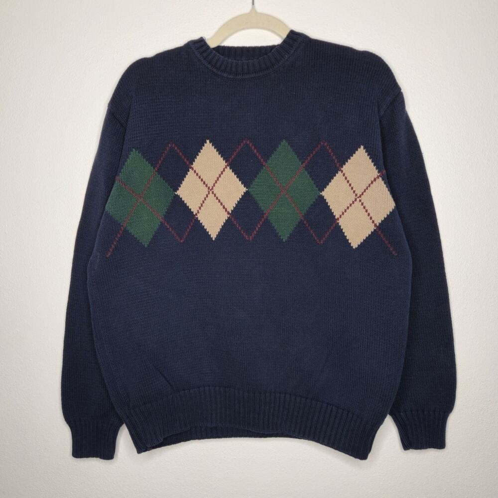 Vintage 90s Dockers Argyle Knit Sweater Blue Skate Grunge Cobain Medium Blue